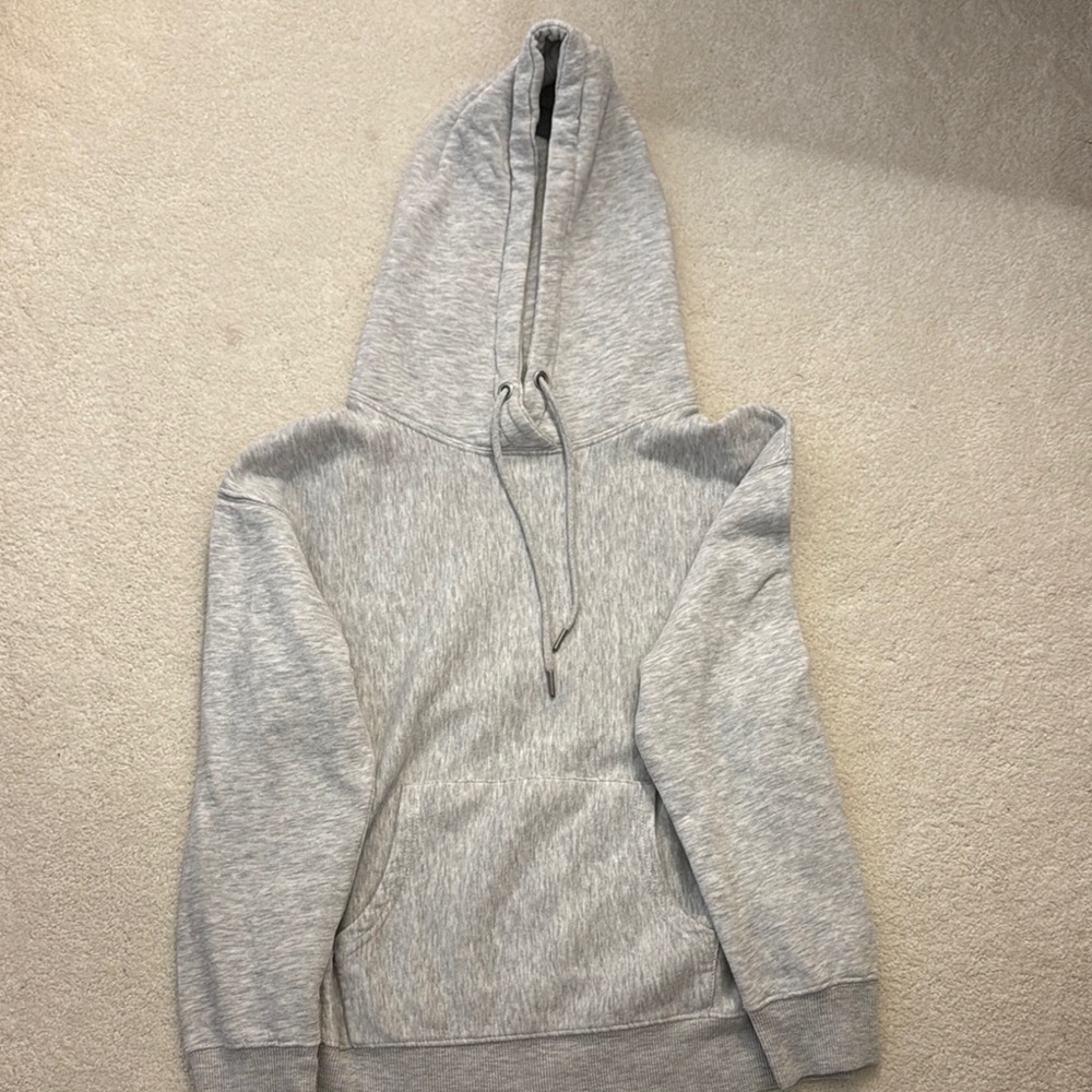 Gray Pullover Sweatshirt with Hood and Ribbed Cuffs